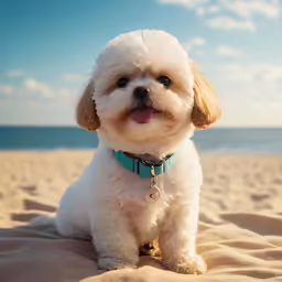 a little dog with a green collar sitting on a sandy beach