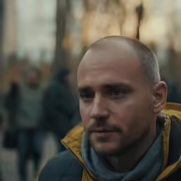 an angry looking bald man with a scarf around his neck