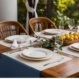 there is a wooden table with place settings on it