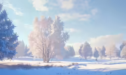 a tree in a field that is covered in snow