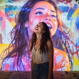 a young girl standing in front of a colorful backdrop