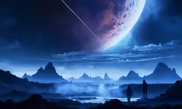 two men looking at a planet as it sits on land