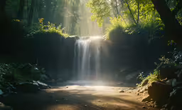 a small waterfall surrounded by lush green trees