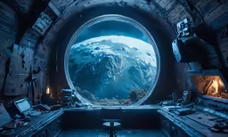 the inside of a space station has a large window in it