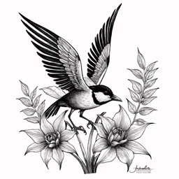 a bird flying over flowers and leaves