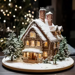 a ginger -bread house made of sugar with windows and lit lights