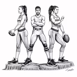 three women basketball players in sports gear stand on the edge of a log,a drawing of three basketball players,a drawing of three female basketball players and a man,the three basketball players stand on a piece of rock,a drawing of three people in basketball uniforms