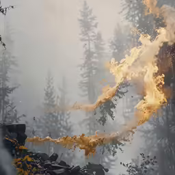 smoke coming out from the trees with yellow paint