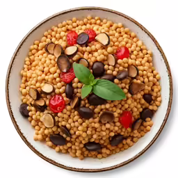 food in a bowl with leaves and mushrooms on it