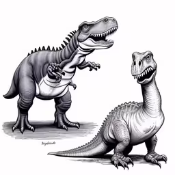 two dinosaurs with one trying to get a little bite out of his mouth,two large dinosaurs sitting next to each other