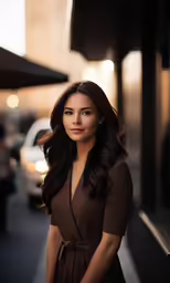 beautiful lady in a dress outside by some buildings