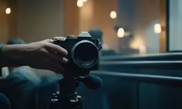 a person holding a camera and looking into the window