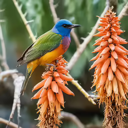 a colorful bird is perched on the flowers