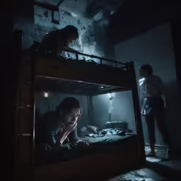 the young person is sitting in a bunk bed