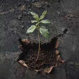 a single green leaf is growing in brown soil
