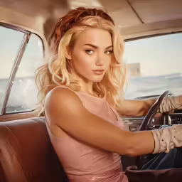 woman with blonde hair sitting behind steering wheel