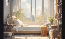 this is a bed room with a book shelf