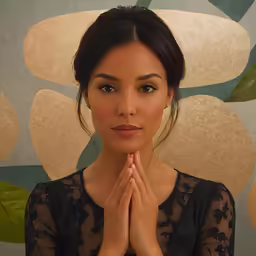 a woman in a black shirt with a praying hand on her chest