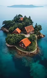 an island with lots of small houses in the middle