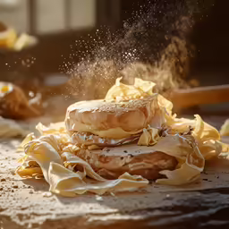 a doughnut on top of pasta chips are sprinkled