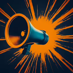 an old blue and yellow megaphone with an orange burst behind it