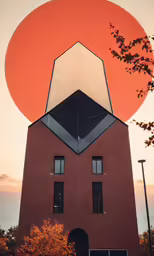 an image of an upside down building with a very large red sun behind