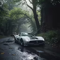 a luxury car drives on the road during rainy weather