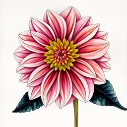 this watercolor painting is an intricate and colorful flower,a drawing of a pink flower on a white background,a drawing of a pink flower with green leaves on the stem,pink flower with yellow and black petals on it,a flower drawn with colored pencils on white paper