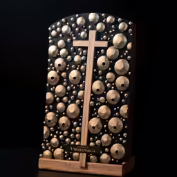 the front of a sculpture of the cross and dots on it