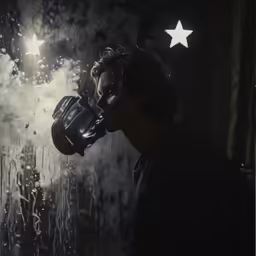 man blowing bubbles from a bubble - maker while standing in front of stars