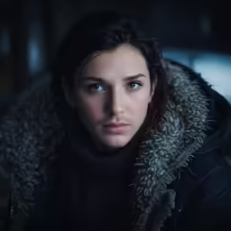 a woman with dark hair is wearing a black coat