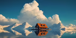 a red house sits on the water with snowy mountains in the background