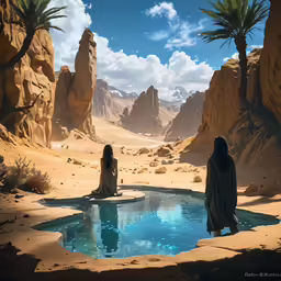 the women are standing in front of a pool in a desert