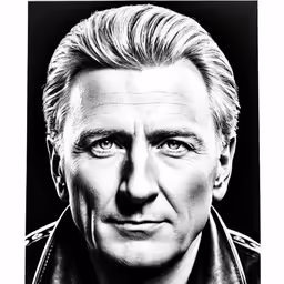 a black and white portrait of an old man wearing a leather jacket