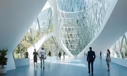 people are walking around an abstract building