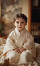 a little boy wearing a white kimono on a bed