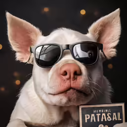 a dog with sunglasses on holding an antique patagol sign