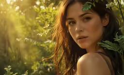 a young woman in a wooded area is posing for the camera