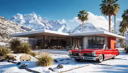 a car parked in front of a mountain with some snow