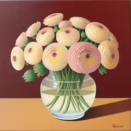 a painting of a clear vase with white and pink flowers,a painting of some flowers in a vase,an impressionist painting of roses in a vase,this is a painting of flowers in a vase,there is a painting of flowers in a vase