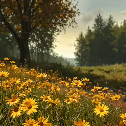 the forest is full of daisies and trees