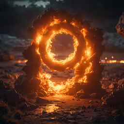 a fire wheel in the middle of a rocky field