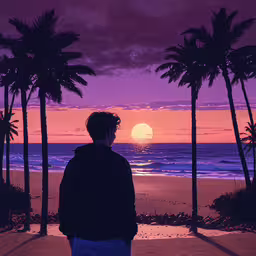 a person standing on the beach looking at the sunset,man standing on the beach staring at sunset