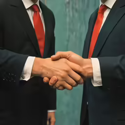 two business men shaking hands in suits with green wall in background