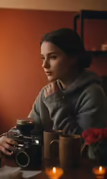a woman sitting at a table next to a window with two cups