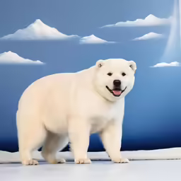 a stuffed polar bear with a sky and clouds background