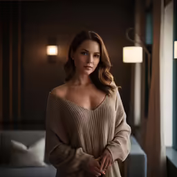 a woman standing next to a window, in a living room
