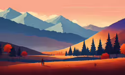 a lone person in a yellow mountain valley under the colorful sky,a person walking in the distance through a field in front of a mountain range