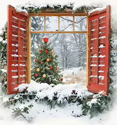 an orange window frame has a christmas tree