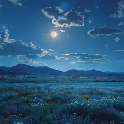 an empty field with tall grass and small flowers,the full moon above a grassy hill is lit by moonlight
